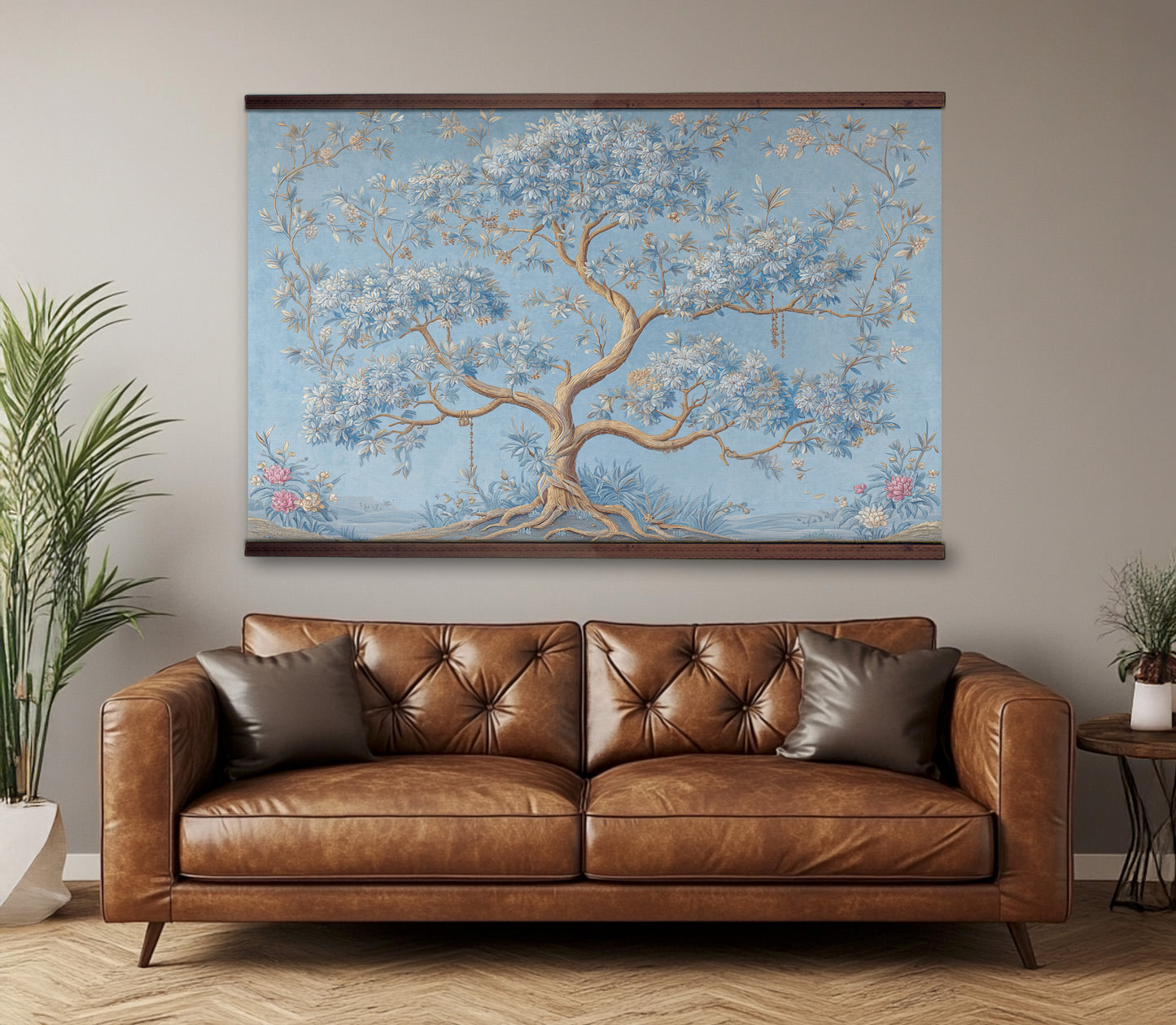 Blue Chinoiserie Tree Wall Art Canvas Tapestry – Elegant Botanical Tree of Life
