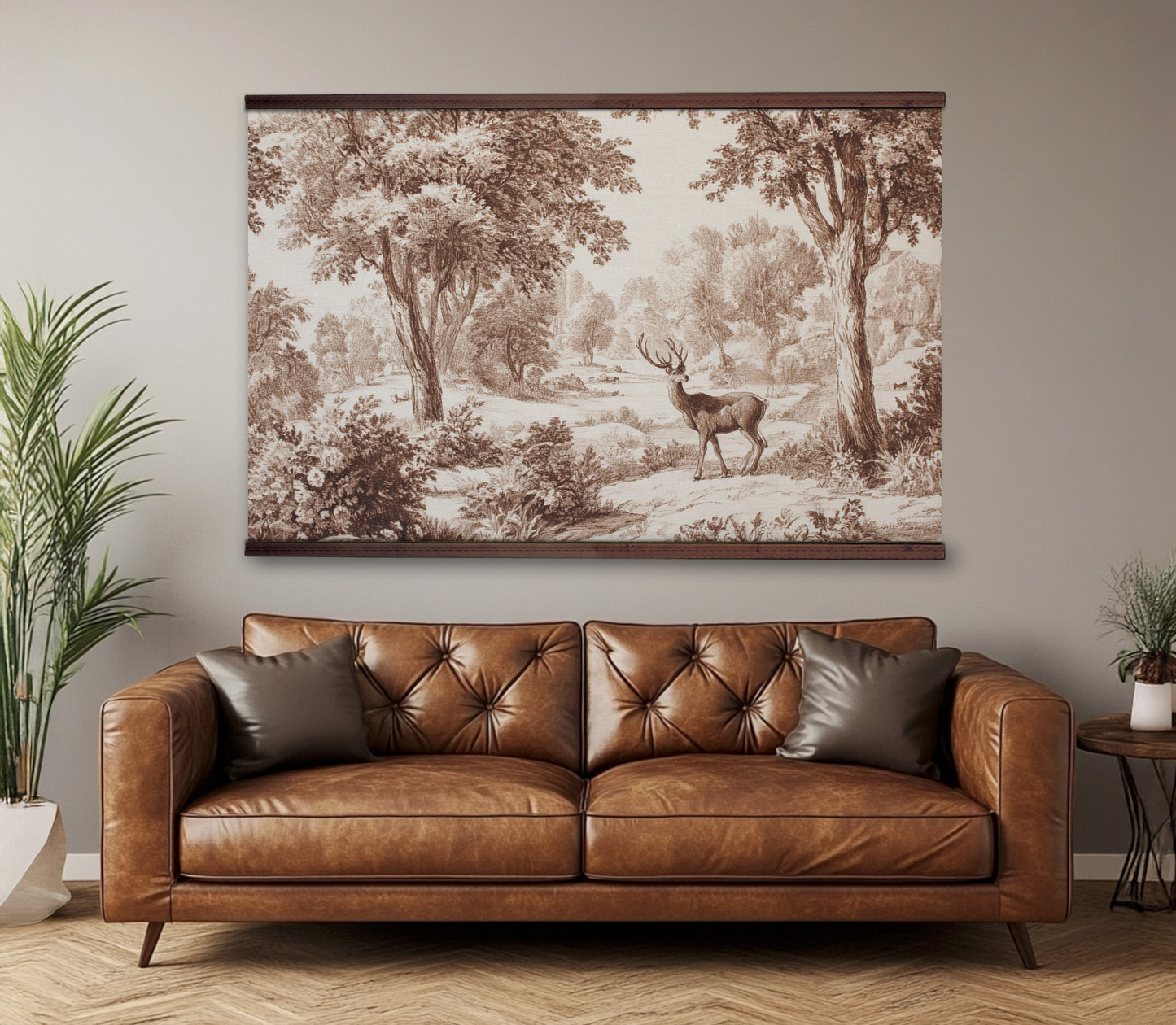 Vintage Deer in Forest Wall Art – Sepia Landscape Tapestry | Art Muse