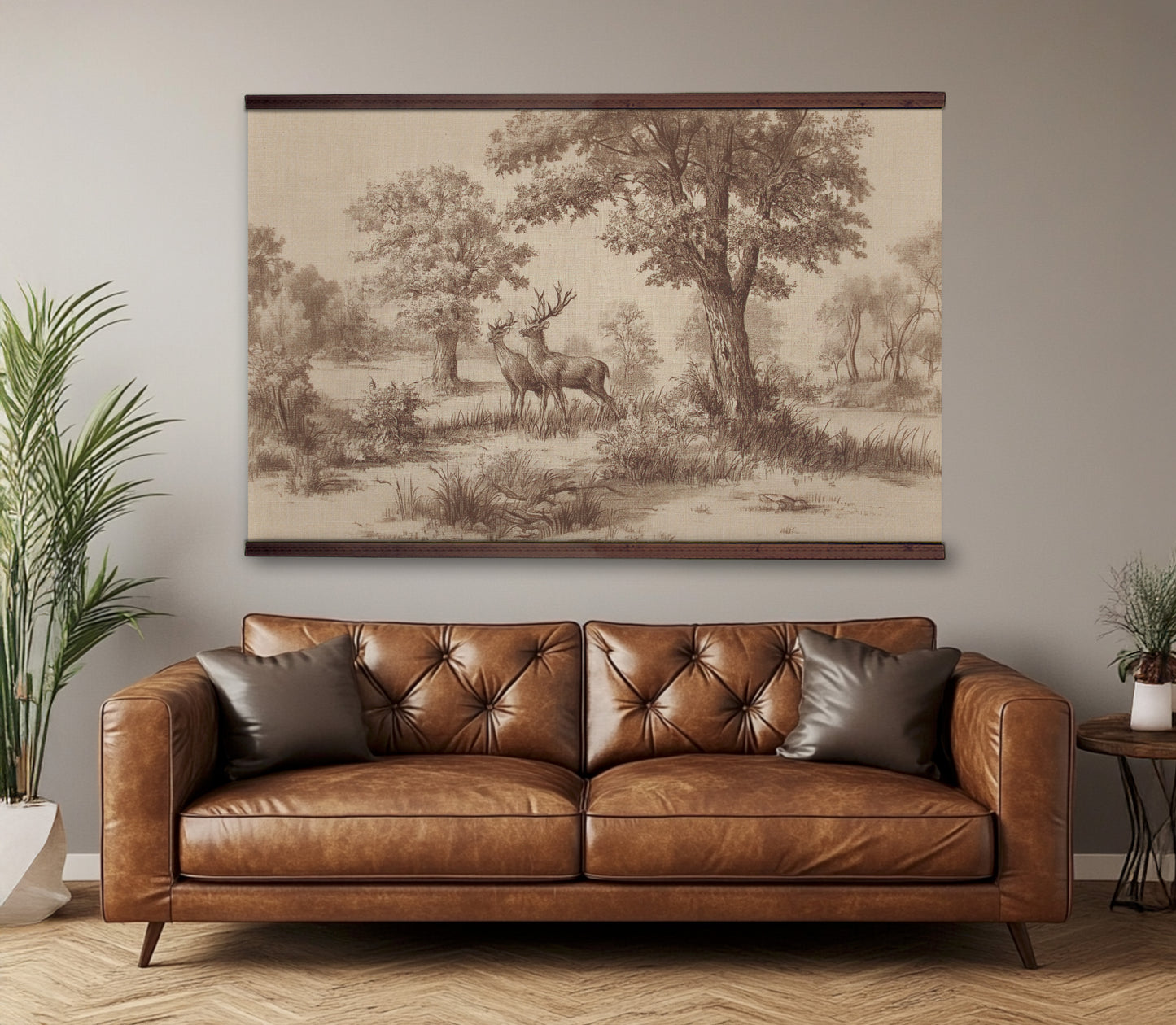 Vintage Woodland Deer Wall Art – Neutral Landscape Tapestry | Art Muse