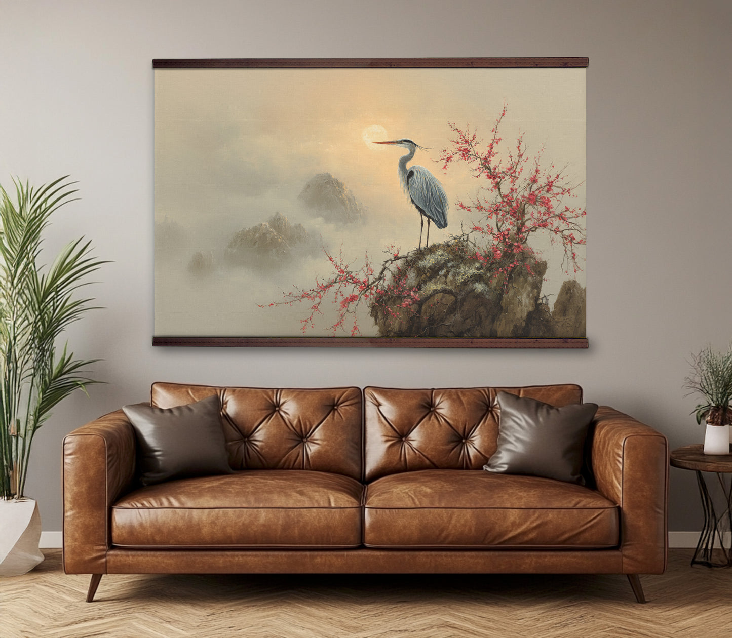 Heron and Sunrise Wall Art – Asian Landscape Tapestry | Art Muse