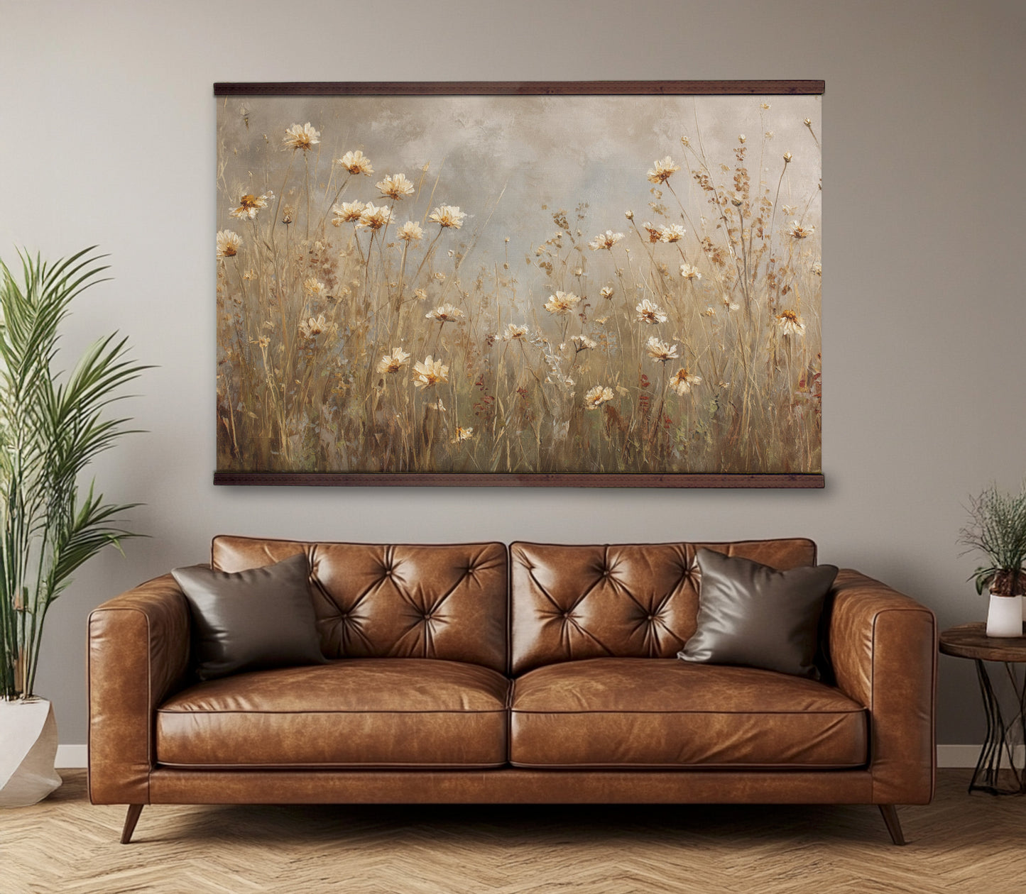 Wildflower Field Tapestry – Beige Floral Wall Art, Rustic Meadow Hanging, Oversized Wall Art