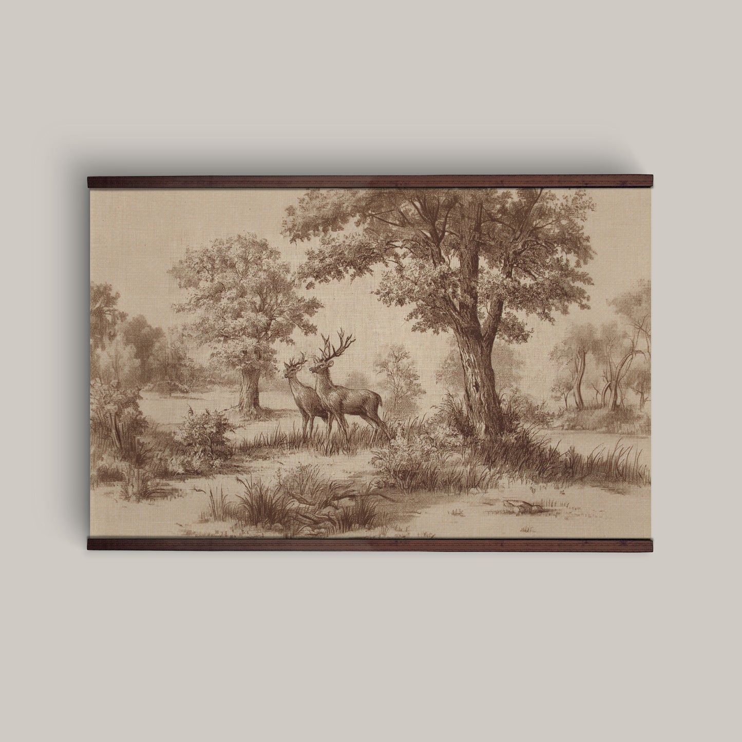 Vintage Woodland Deer Wall Art – Neutral Landscape Tapestry | Art Muse