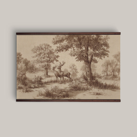Vintage Woodland Deer Wall Art – Neutral Landscape Tapestry | Art Muse