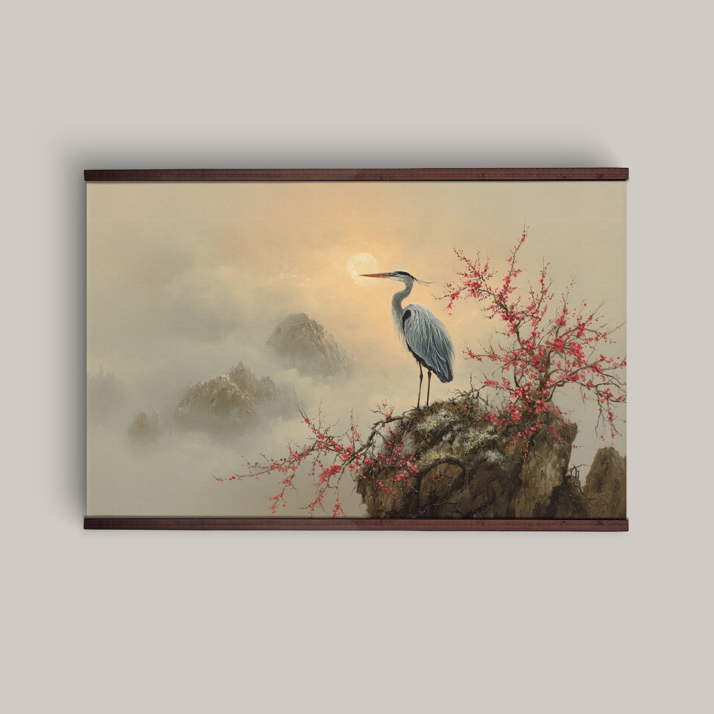 Heron and Sunrise Wall Art – Asian Landscape Tapestry | Art Muse