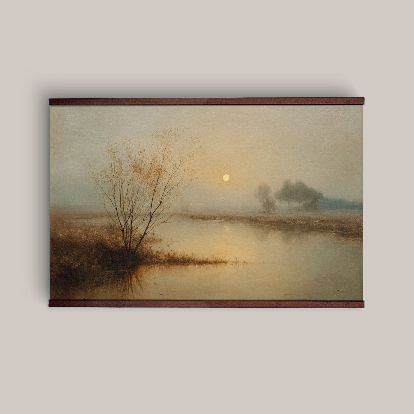 Misty Lake Sunrise Wall Art Canvas – Neutral Landscape with Trees & Water Reflection