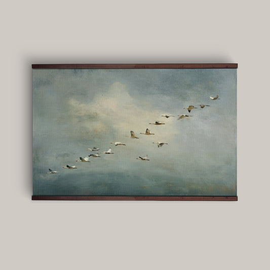 Flying Birds Wall Art – Serene Vintage Sky Landscape Painting in Soft Blue and Neutral Tones