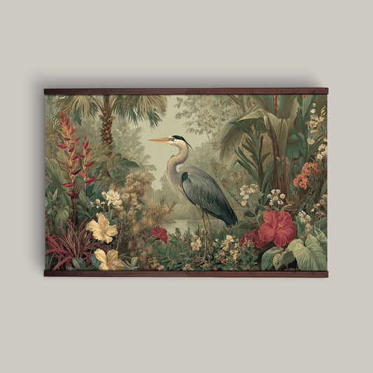 Tropical Heron Wall Hanging — Botanical Jungle Art Tapestry | Extra Large, Ready to Hang