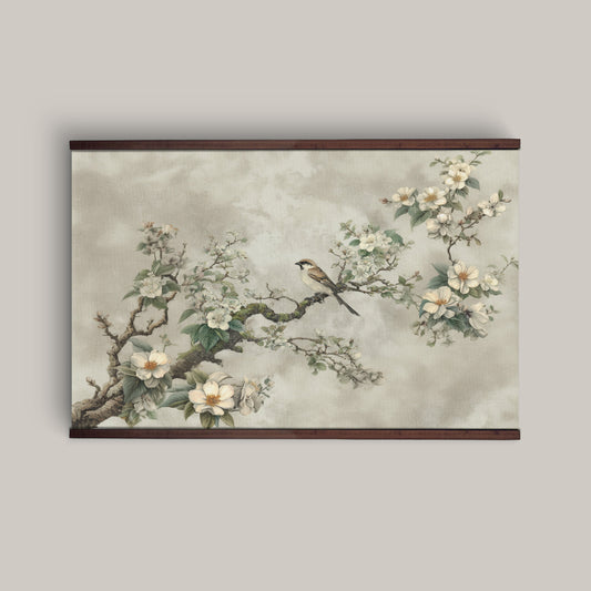 Vintage Floral Bird Wall Art – Elegant Botanical Chinoiserie Nature Painting with Wood Frame