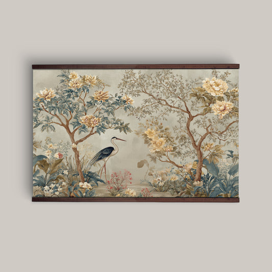 Vintage Heron Floral Tapestry – Chinoiserie Wall Art, Botanical Nature Hanging, Extra Large Wall Décor