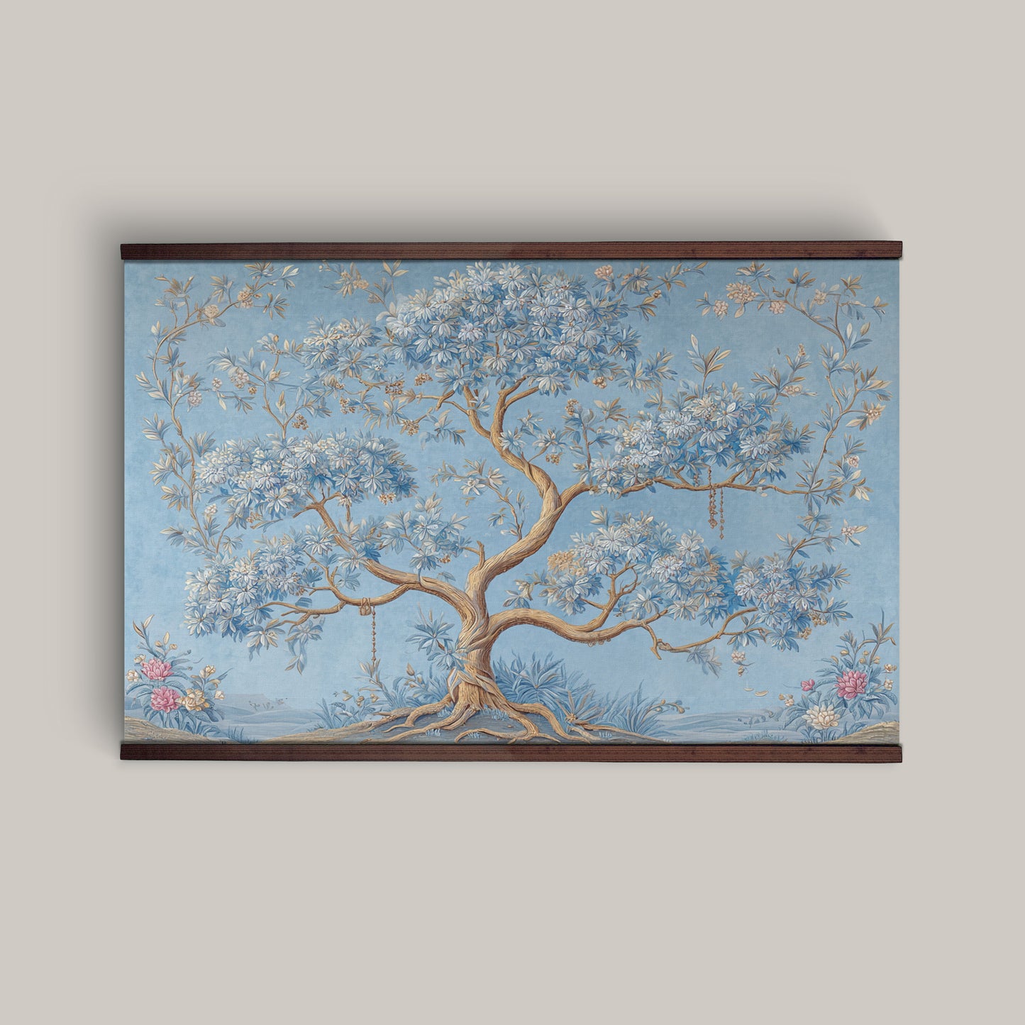 Blue Chinoiserie Tree Wall Art Canvas Tapestry – Elegant Botanical Tree of Life