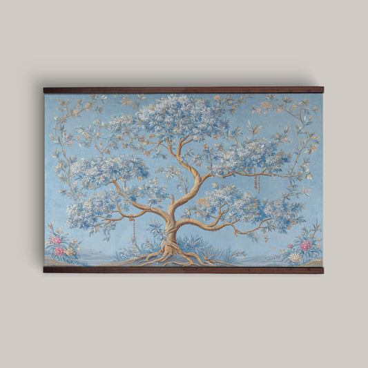 Blue Chinoiserie Tree Wall Art Canvas Tapestry – Elegant Botanical Tree of Life