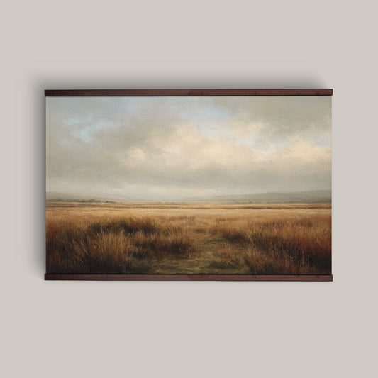 Golden Meadow Tapestry – Warm Landscape Wall Art, Rustic Field Wall Hanging, Neutral Nature Decor, Extra Large Art