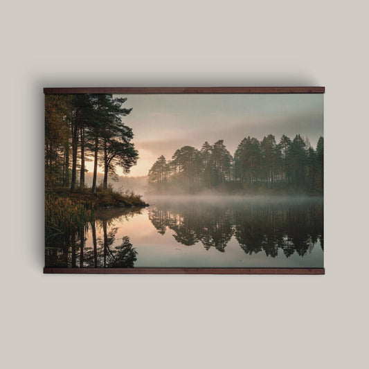 Misty Forest Lake Tapestry – Sunrise Landscape Wall Art, Moody Nature Reflection Hanging, Extra Large Décor