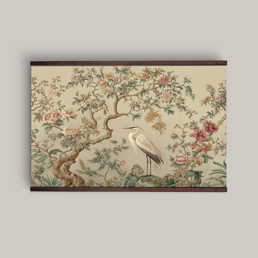 Chinoiserie Heron Tapestry – Vintage Floral Wall Art, Peony Botanical Hanging, Elegant Oriental Decor, Extra Large Wall Art