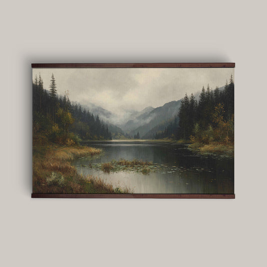 Misty Mountain Lake Wall Hanging — Extra Large Moody Landscape Tapestry | Ready to Hang