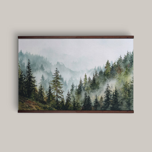Misty Mountain Forest Tapestry – Watercolor Landscape Wall Art, Evergreen Nature Hanging, Extra Large Wall Décor