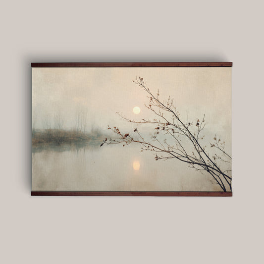 Minimalist Misty Lake Wall Art Canvas with Branches & Moon – Neutral Nature Landscape Artwork