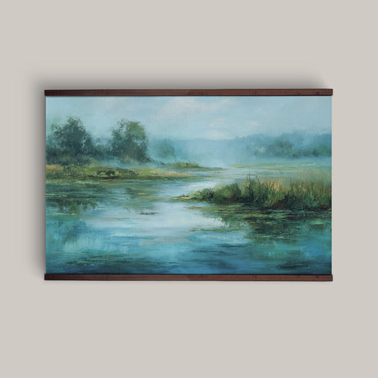 Lake Tapestry – Blue Landscape Wall Art, Nature Lake Scene, Calm Water Wall Hanging, Extra Large Art