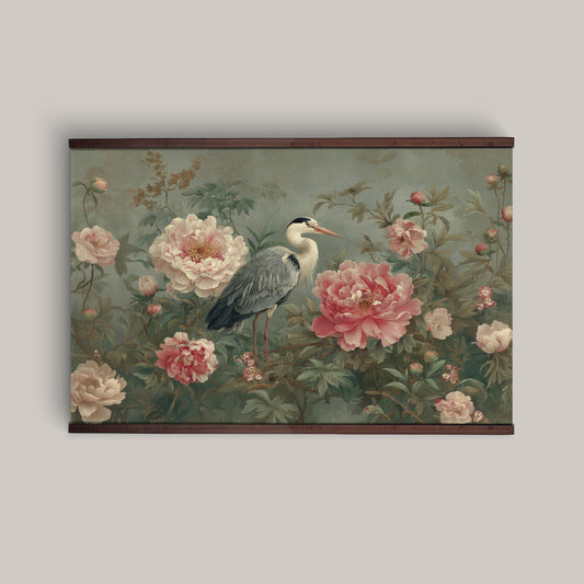Floral Heron Wall Hanging — Extra Large Vintage Botanical Tapestry | Ready to Hang