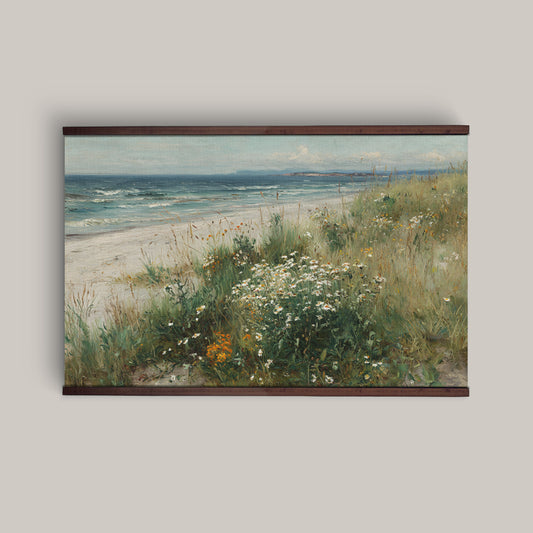 Coastal Beach Landscape Tapestry – Seaside Wall Art, Ocean Dunes with Wildflowers, Coastal Cottage Décor