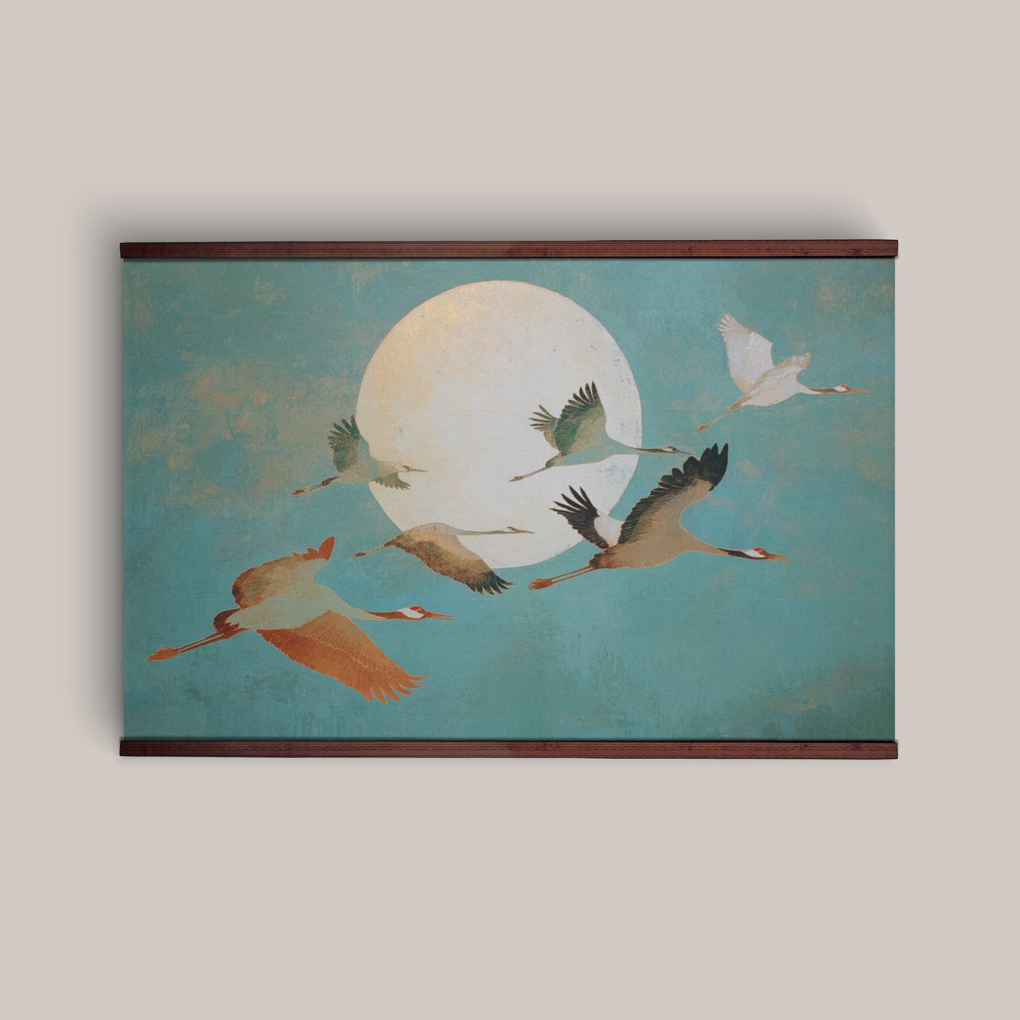 Flying Cranes Wall Art Canvas – Japanese Inspired Moon & Birds Nature Artwork