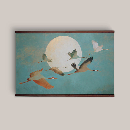 Flying Cranes Wall Art Canvas – Japanese Inspired Moon & Birds Nature Artwork