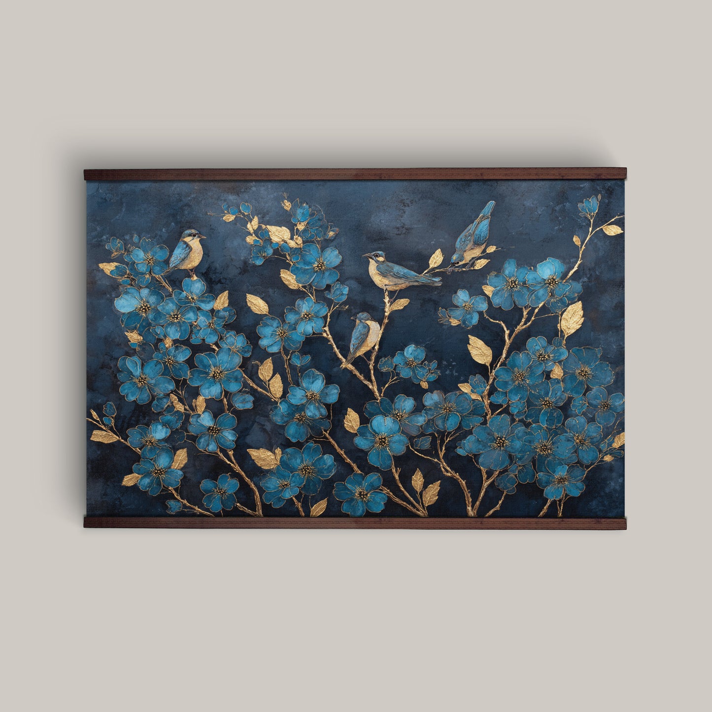 Blue Floral Bird Wall Hanging — Extra Large Tapestry Art | Ready to Hang