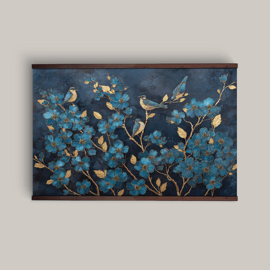 Blue Floral Bird Wall Hanging — Extra Large Tapestry Art | Ready to Hang