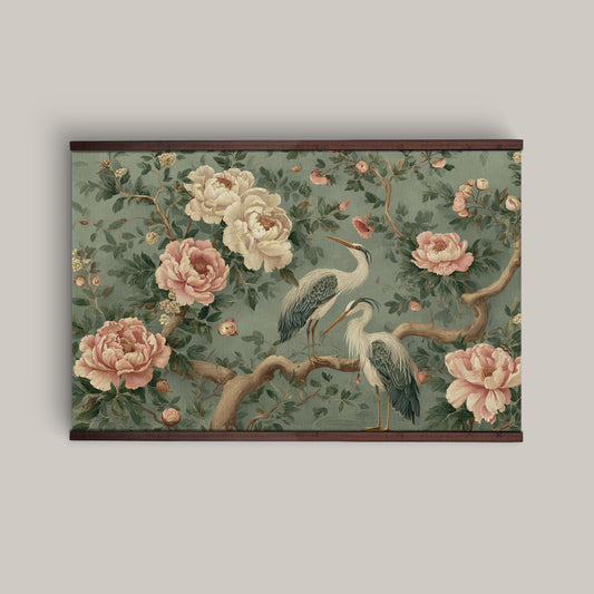Chinoiserie Crane Tapestry – Green Floral Wall Art, Peony Botanical Hanging, Elegant Vintage Oriental Decor, Extra Large Art