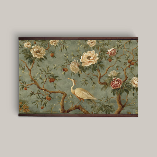 Vintage Chinoiserie Tapestry Wall Art – Sage Green Peony & Bird Design with Wooden Hangers | Art Muse