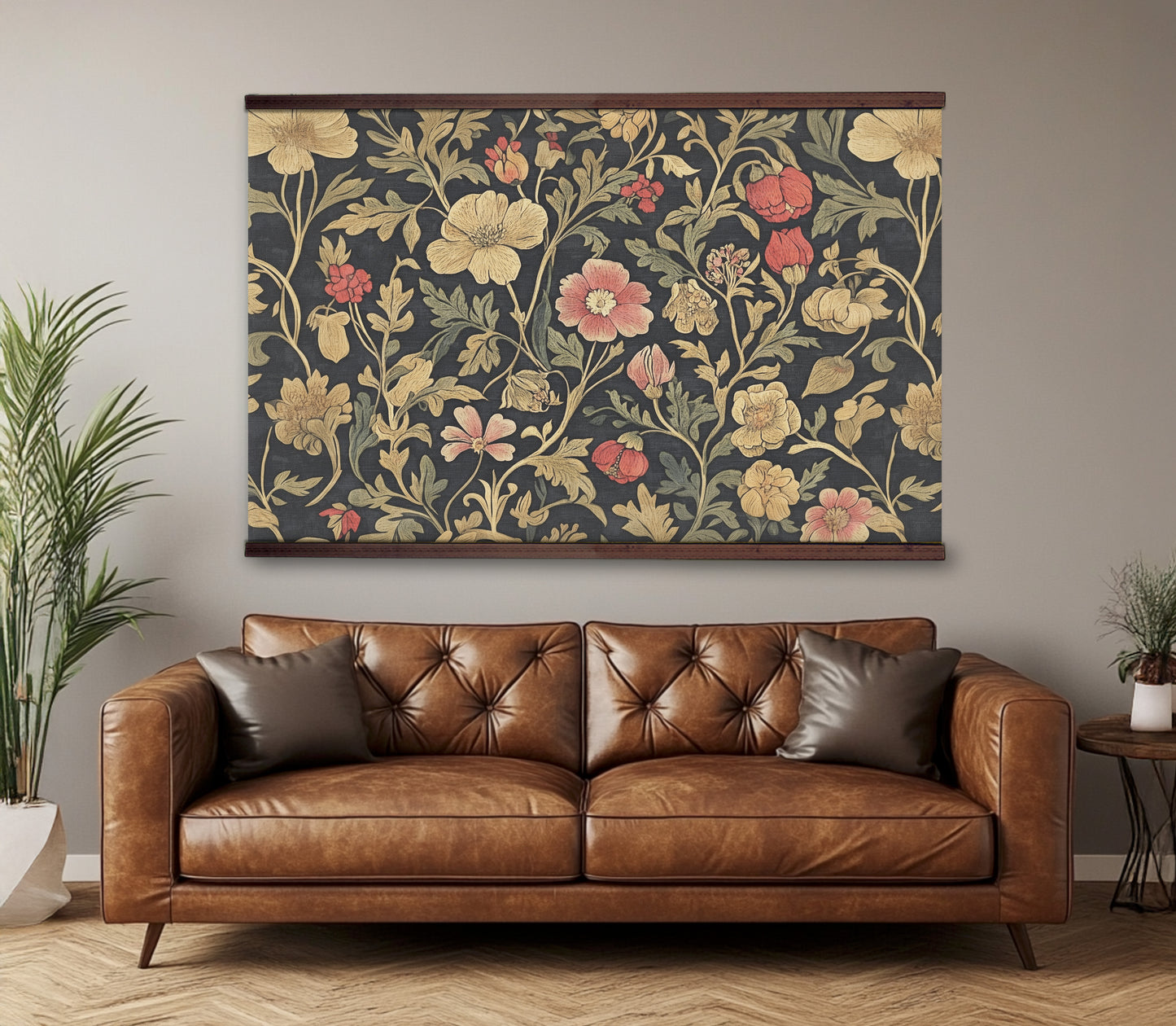 William Morris Style Tapestry Wall Art – Vintage Botanical Floral Design with Wooden Hangers | Art Muse