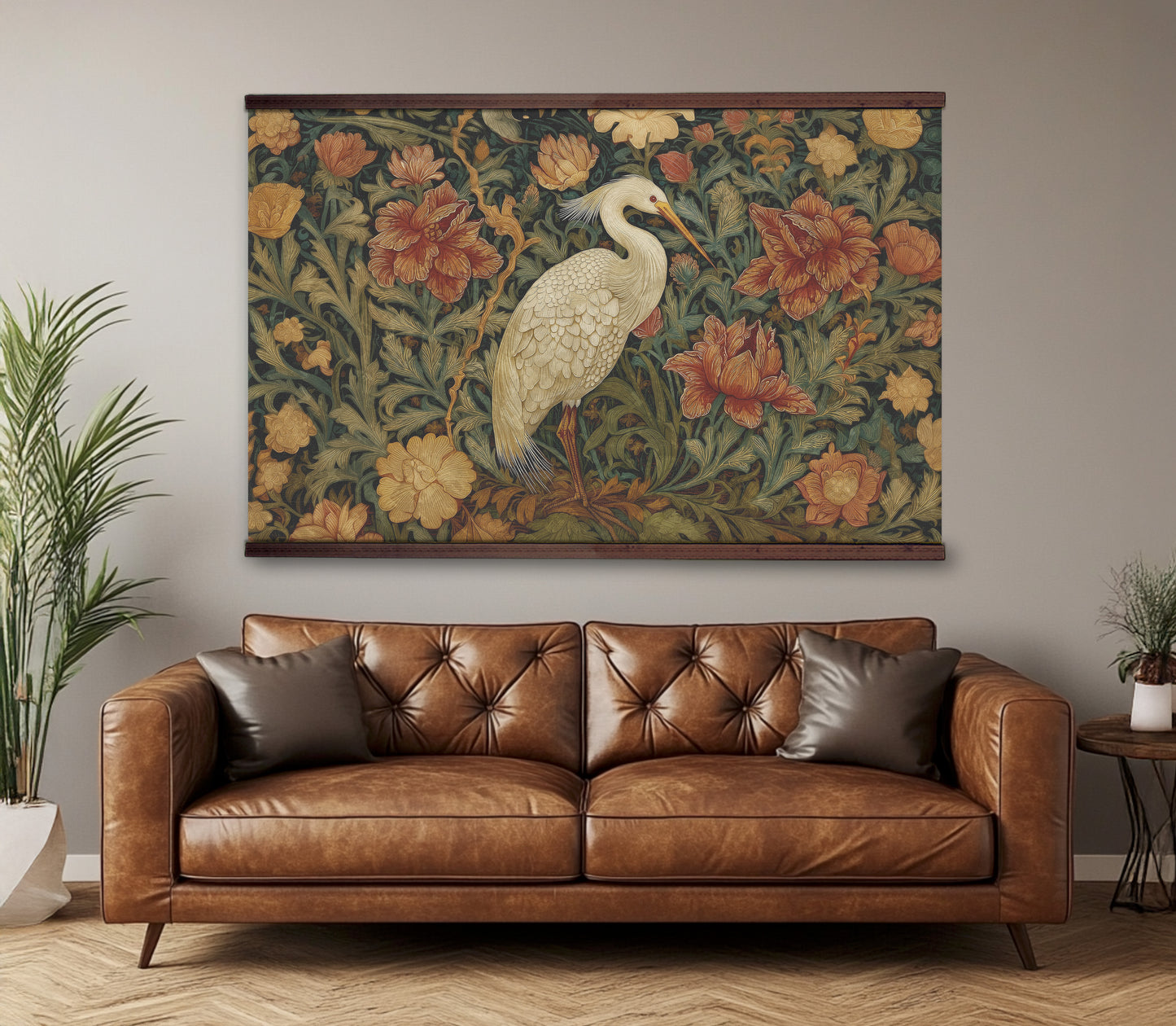 William Morris Style Tapestry Wall Art – Heron & Vintage Floral Botanical Design with Wooden Hangers | Art Muse
