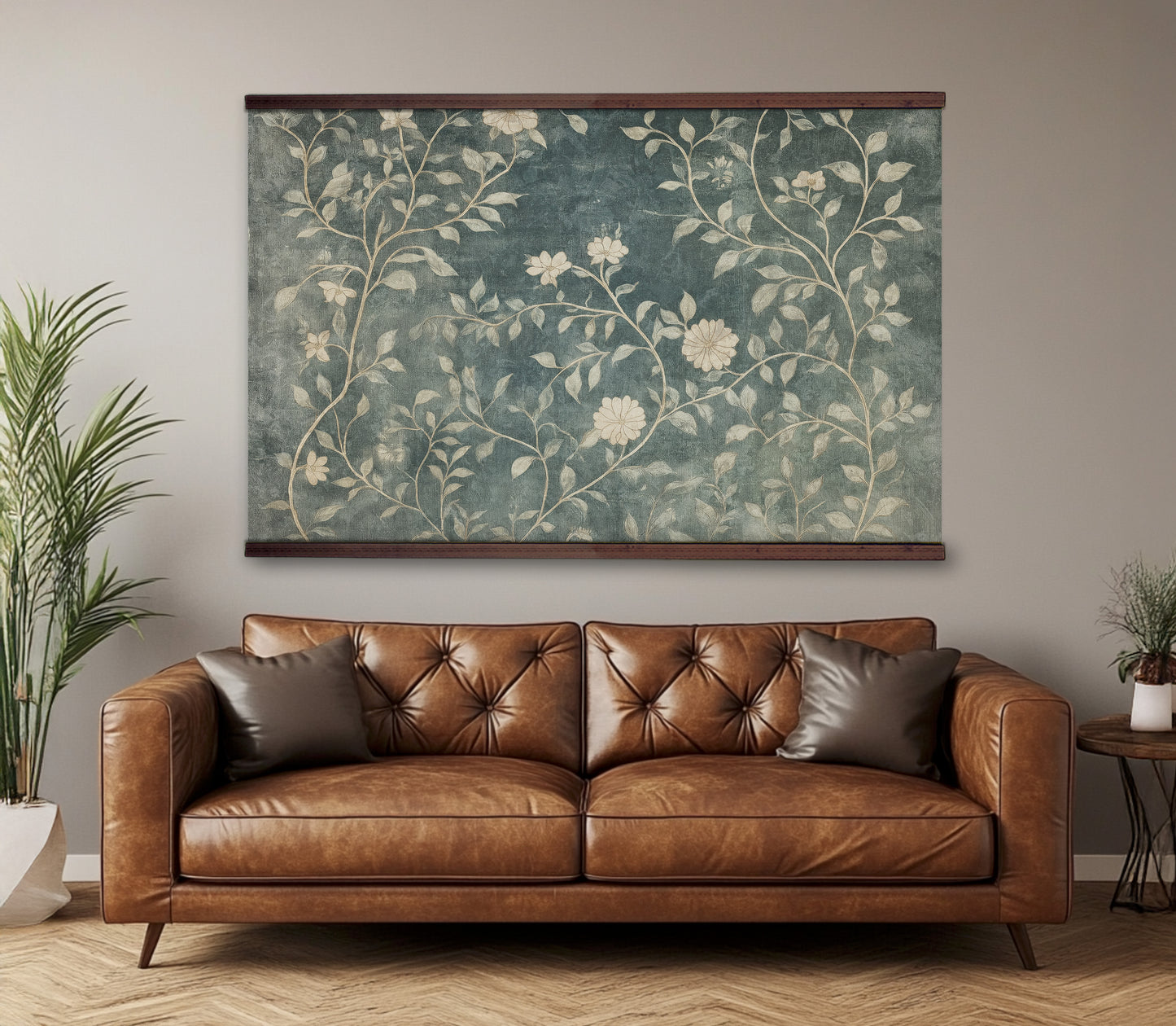 Vintage Teal Floral Wall Art – Botanical Tapestry with Cream Blooms | Art Muse